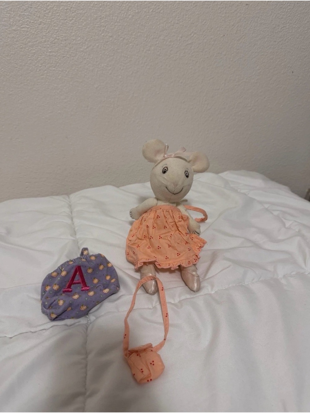 Angelina ballerina American Girl Peach-Dress Mouse Doll with Purple Initial Bag